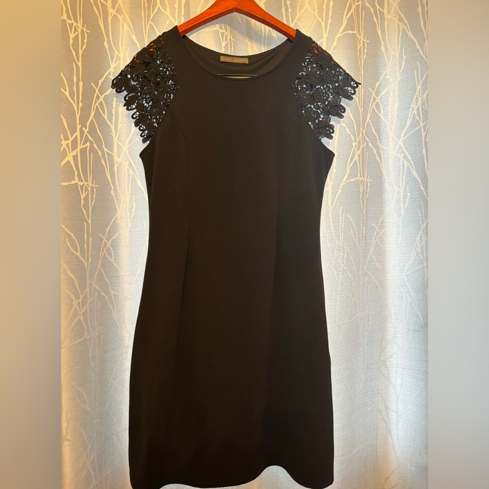 Suzy Shier Black Dress with Lace Shoulders